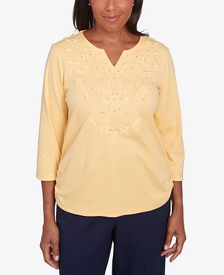 Alfred Dunner Women's Block Island Tonal Embroidered Ruched Top