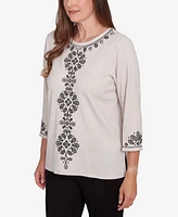 Alfred Dunner Women's Romancing the Stone Center Embroidered Medallion Textured Top