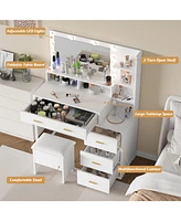 gaomon Vanity Desk with Mirror and Lights, Makeup Vanity with 5 Drawer, 3 Level Cabinets & 3 Tiers of Open Shelves