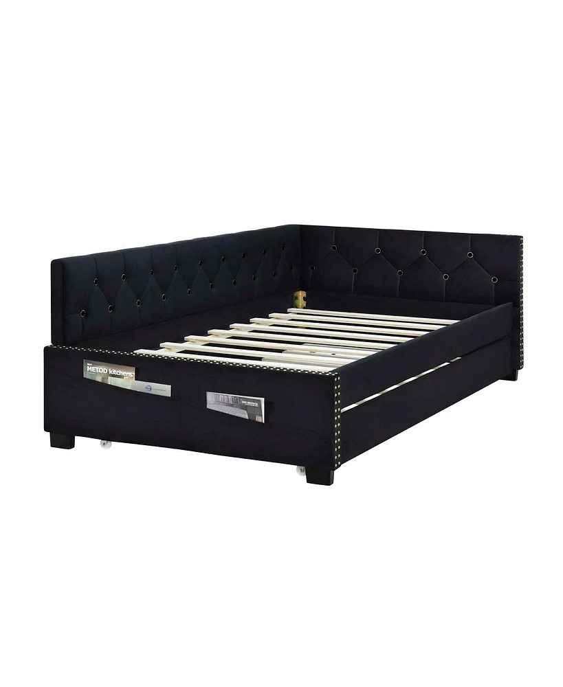 Streamdale Furniture Black Upholstered Twin Size Daybed Bed Frame (Corner Bed) With Trundle, Velvet Fabric, Studding Design, No Box Spring Required, F