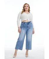 Bayeas Plus High Rise Wide Leg Jeans With Raw Hem Ice Blue