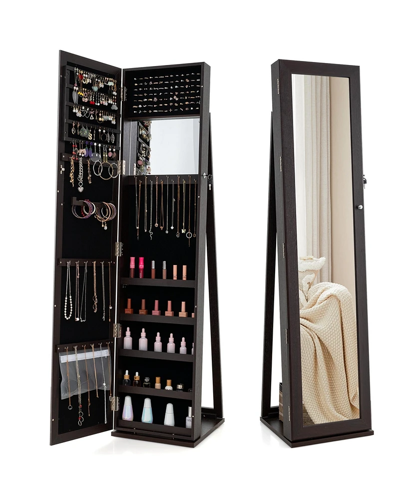 Costway Mirrored Jewelry Cabinet Armoire Lockable Standing Storage Organizer with Shelf