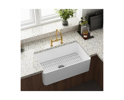 gaomon White Farmhouse Sink inch Fireclay Apron Front Single Bowl Kitchen Sink Deep Drop In Farm Sink Undermount with Bottom Grid & Strainer Drain