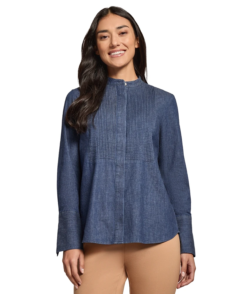 Jones New York Women's Band-Collar Stretch-Denim Blouse