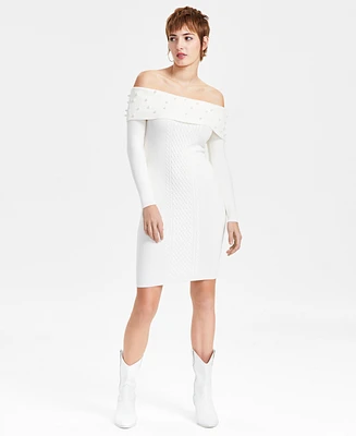 Guess Women's Off-The-Shoulder Embellished Cable-Knit Dress