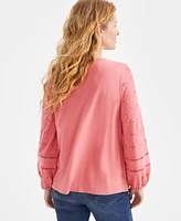 Style & Co Women's Eyelet Embroidered Blouson-Sleeve Blouse, Exclusively at Macy's