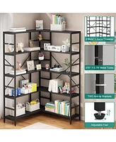 gaomon 5-Tier L-Shaped Corner Bookshelf - Industrial Tall Bookcase with Heavy-Duty Metal Frame for Bedroom, Living Room, and Home Office