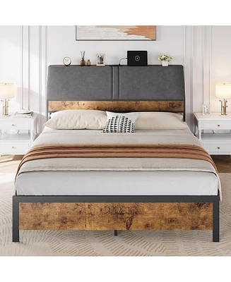 gaomon Ful Bed Frame with Tall Bookcase Headboard and Charging Station, Sturdy Noise-Free Platform, No Box Spring Needed, Easy Assembly, Vintage Brown