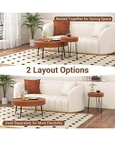 Costway Farmhouse Round CoffeeTable Set of 2 End Table Natural Finish for Living Room