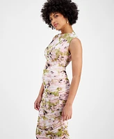 Bar Iii Women's Floral Mesh Ruched Sleeveless Dress, Exclusively at Macy's