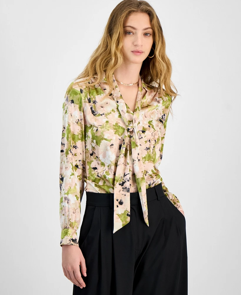 Bar Iii Women's Floral Tie-Neck Blouse, Exclusively at Macy's