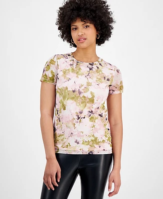 Bar Iii Women's Floral Mesh Crewneck Short-Sleeve Top, Exclusively at Macy's