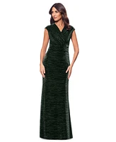 Betsy & Adam Women's Metallic Cap-Sleeve Surplice Gown