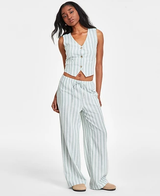 Hippie Rose Juniors' Striped Wide-Leg Drawstring Linen-Blend Pants