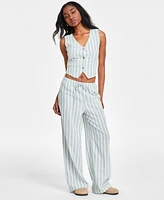 Hippie Rose Juniors' Striped Wide-Leg Drawstring Linen-Blend Pants