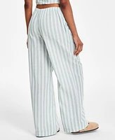 Hippie Rose Juniors' Striped Wide-Leg Drawstring Linen-Blend Pants