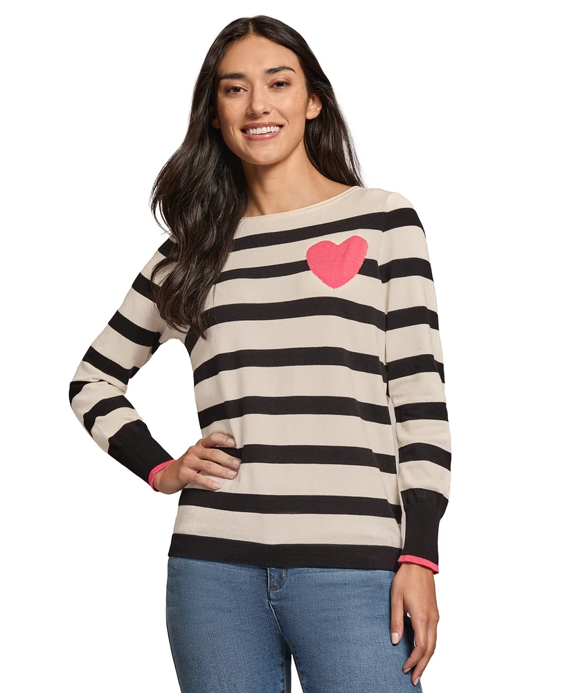 Jones New York Petite Intarsia Heart Striped Sweater