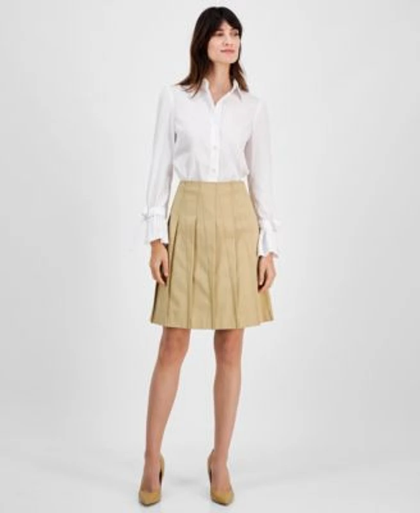 Anne Klein Womens Ruffle Bow Cuff Shirt Pleated Knee Length Skirt