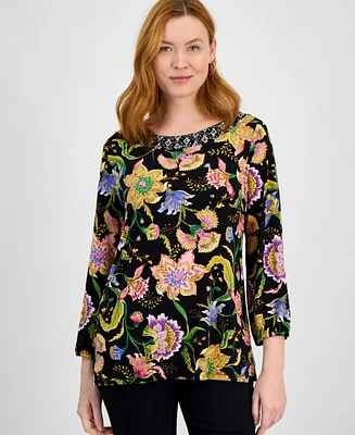 Jm Collection Women's Printed Boat-Neck Top, Exclusively at Macy's