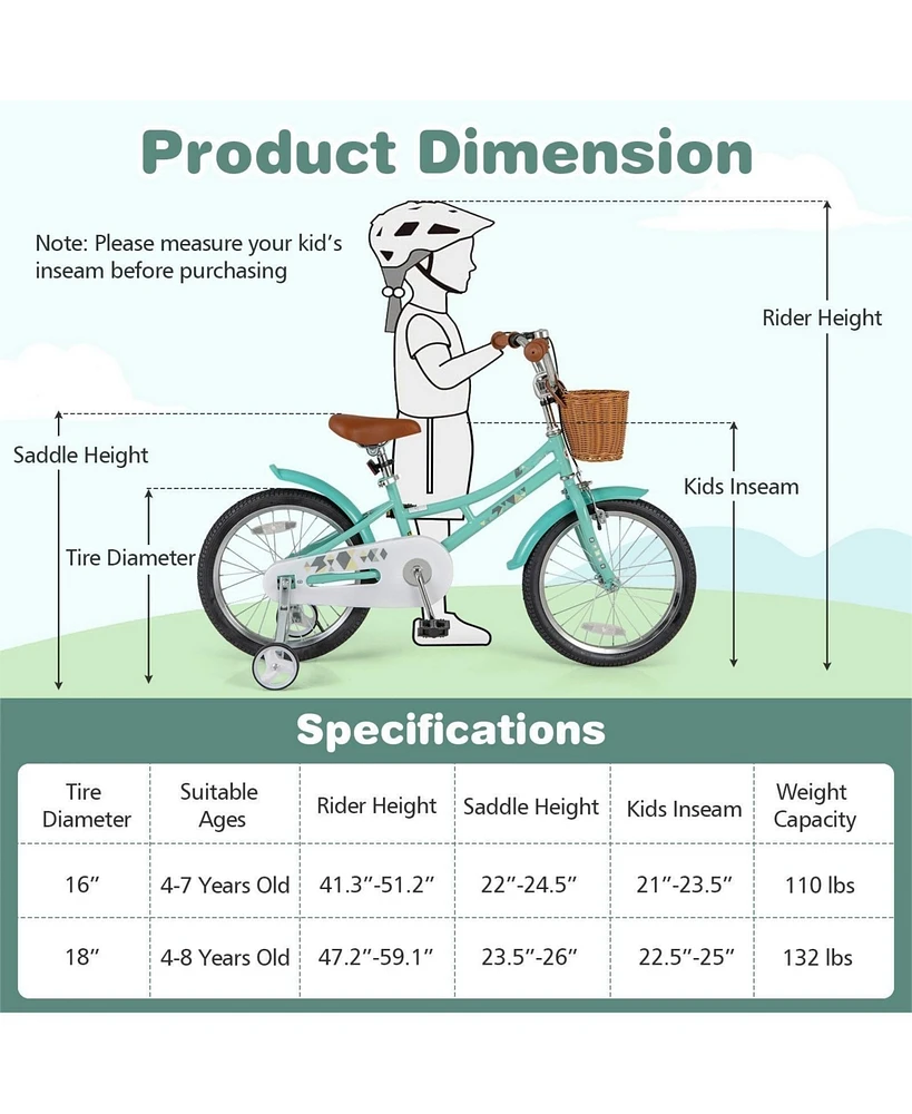 Hongge 16/18 Inch Kids Bike Bicycle with Training Wheels and 2 Brake System Ages 4-8 Years Old