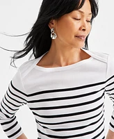 Style & Co Women's Striped Pima Cotton 3/4-Sleeve Top, Exclusively at Macy's