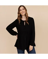 Women's Long Sleeve Empire Waist Keyhole Woven Blouse