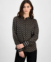 Anne Klein Women's Mandarin-Collar Chain-Print Blouse