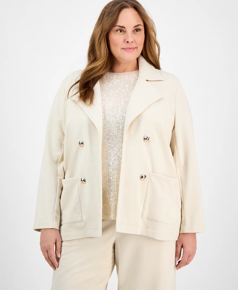 Anne Klein Plus French Terry Faux Double-Breasted Jacket