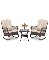 Costway Patio 3PCS Rocking Wicker Bistro Set 2 Rocker Chairs Tempered Glass Side Table