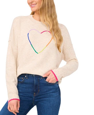 CeCe Women's Embroidered Heart Crewneck Sweater