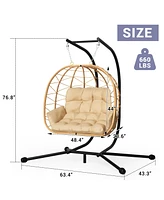 Pamapic Outdoor 2-Person Hanging Wicker Double Egg Porch Swing Chair with Stand and Beige Cushion