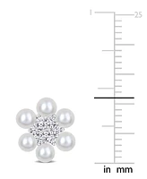 Macy's Cultured Freshwater Pearl (3-3-1/2mm) & Lab-Created White Sapphire (1/3 ct. t.w.) Flower Cluster Stud Earrings in Sterling Silver