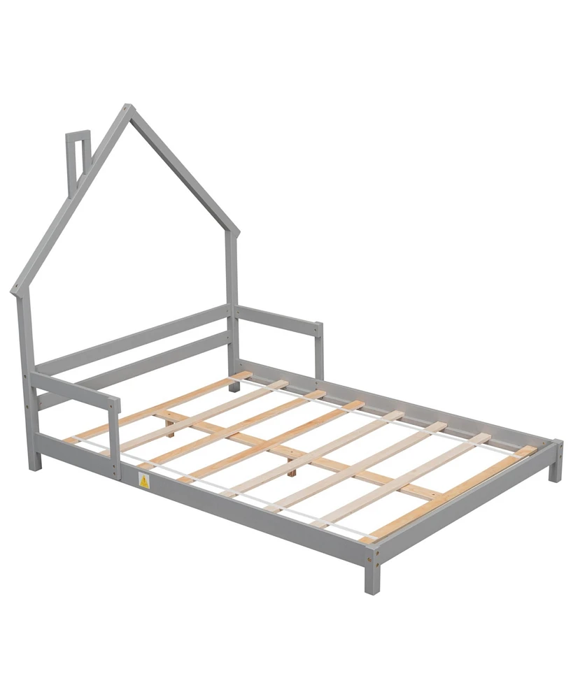 Slickblue House-Shaped Bed Frame with Headboard and Safety Handrails for Kids' Bedroom