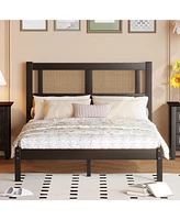 Slickblue Platform Bed with Natural Rattan Headboard for Exquisite Elegance and Minimalist Charm in the Bedroom