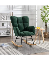 Streamdale Furniture Mid Century Modern Teddy Fabric Tufted Upholstered Rocking Chair Padded Seat For Living Room Bedroom, Dark Green