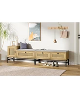 gaomon Rattan Shoe Bench with Linen Seat Cushion, Entryway Bench with Storage Cabinet, Wooden Storage Bench