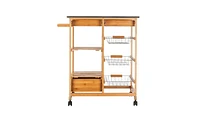 Slickblue Moveable Kitchen Cart with Stainless Steel Table Top, Three Drawers, and Three Baskets in Burlywood for Versatile Storage and Convenience