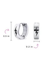 Bling Jewelry Light Bolt Hoop Earrings Laser Etched Silver Tone Stainless Steel