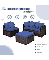 Sugift 4 Pieces Ottoman Garden Patio Rattan Wicker Furniture Set with Cushion-Navy