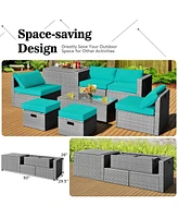 Sugift 8 Pieces Patio Rattan Furniture Set with Storage Waterproof Cover and Cushion-Turquoise