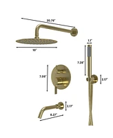 Mondawe Pvd Brush Gold Three function Pressure Balance Shower Set with 10 in Round Shower Head & Valve