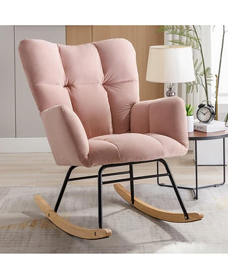 Streamdale Furniture Mid Century Modern Velvet Tufted Upholstered Rocking Chair Padded Seat for Living Room Bedroom, Pink