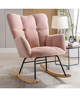 Streamdale Furniture Mid Century Modern Velvet Tufted Upholstered Rocking Chair Padded Seat for Living Room Bedroom, Pink