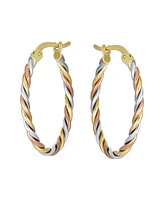 Bling Jewelry Real 14K Tricolor Gold 3 Strand Twist Cable Oval Hoop Earrings