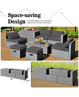 Sugift 8 Pieces Patio Rattan Furniture Set with Storage Waterproof Cover and Cushion-Gray
