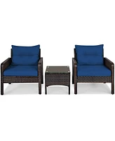 Sugift 3 Pieces Outdoor Patio Rattan Conversation Set with Seat Cushions-Navy