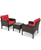 Sugift 3 Pcs Outdoor Patio Rattan Conversation Set with Seat Cushions-Red