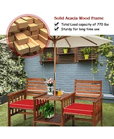 Sugift 3 pcs Outdoor Patio Table Chairs Set Acacia Wood Loveseat-Red