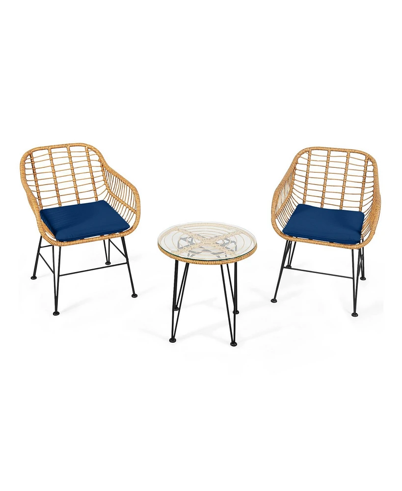 Sugift 3 Pieces Rattan Furniture Set with Cushioned Chair Table-Navy