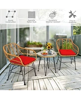 Sugift 3 Pieces Rattan Furniture Set with Cushioned Chair Table-Red